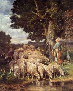 A Shepherdess with her Flock near a Stream by Charles Emile Jacque