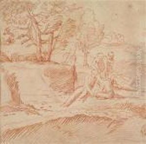 Kartenspielerin Einer Landschaft by Annibale Carracci