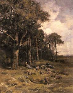 Shepherdess Resting With Her Flock by Charles Emile Jacque