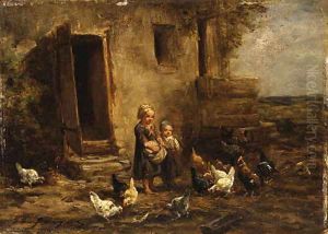 Children feeding the chickens by Charles Emile Jacque