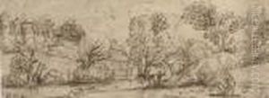 A River Landscape With Men Playing Bowls, A Town Seen Beyond by Annibale Carracci