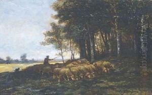 A shepherd and his flock at the edge of a forest