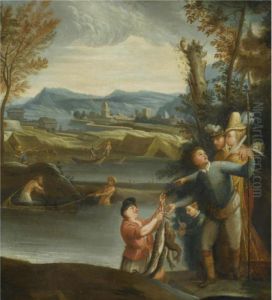 A Landscape With An Elegant Couple Buying Fish From A Fisherman by Annibale Carracci