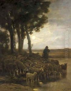 A Shepherd and his Flock in a Moonlight Landscape