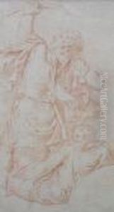 A Man With A Bow And Reclining Male; Red Chalk, 35x20cm
