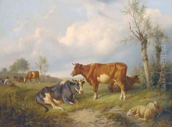 A shepherd and his dog with cattle and sheep in a field - view 1