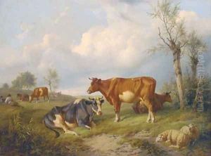 A shepherd and his dog with cattle and sheep in a field by Charles Emile Jacque