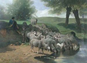 Un berger se reposant avec ses moutons by Charles Emile Jacque