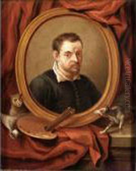 Still Life With A Portrait Of
Annibale Caracci, A Dog And A Cat, Together With A Pallete, Brushes
Before A Red Curtain - view 1
