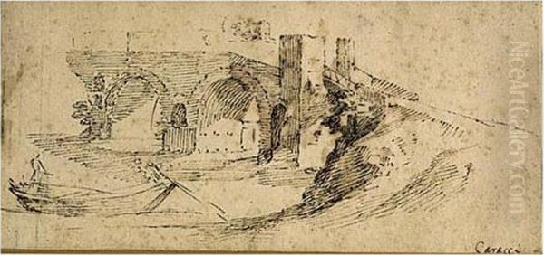 Figures In A Boat Passing Under A Bridge - view 1