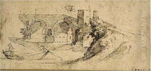 Figures In A Boat Passing Under A Bridge by Annibale Carracci