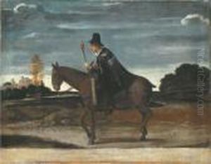A Landscape With A Cloaked Figure Riding A Donkey