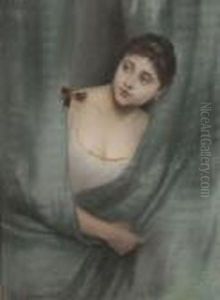 Jeune Femme Derriere Le Rideau Bleu