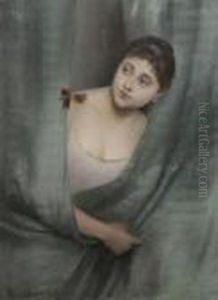 Jeune Femme Derriere Le Rideau by Pierre Carrier-Belleuse