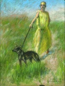 Jeune Femme Promenant Son Chien Dans Un Pre by Pierre Carrier-Belleuse