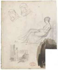 Une Femme De Profil Assise, Deux
Femmes Voileeset Un Interieur ; Plusieurs Etudes Au Verso by Eugene Carriere