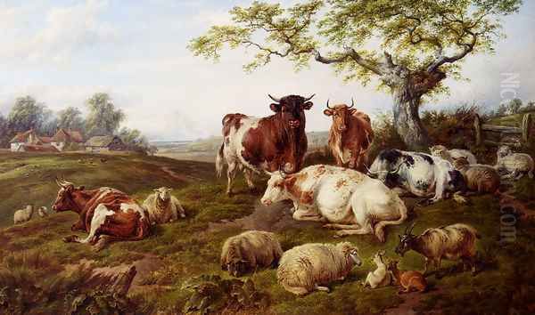 Resting Cattle, Sheep And Deer, A Farm Beyond - view 1
