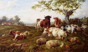 Resting Cattle, Sheep And Deer, A Farm Beyond by Charles Jones