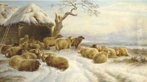 Sheep in a winter landscape by Charles Jones