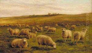 Sheep grazing with a cottage beyond by Charles Jones