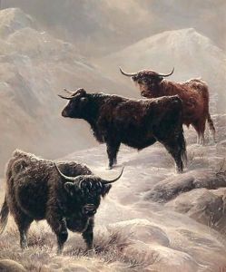 Highland cattle in a mountainous winter landscape by Charles Jones