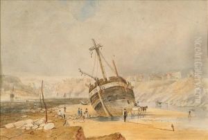 Coastalscenes, One With A Beached Hulk A Pair by Henry Barlow Carter
