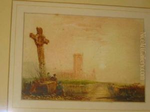 Figures By A Stone Crucifix, Church Beyond by Henry Barlow Carter