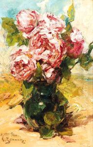 Pink roses in a vase by Georges Jeannin