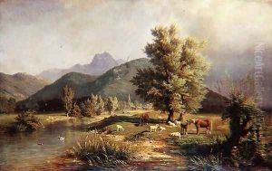 Mountainous Wooded Landscape with Horses and Sheep by Carl Jutz