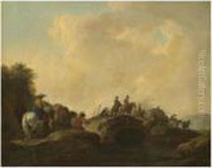A Landscape With Travellers On A Path Crossing A Bridge by Francesco Giuseppe Casanova