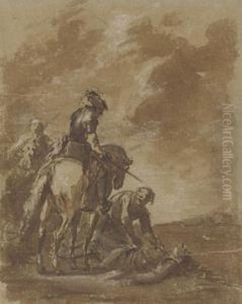 Two Figures On Horseback, With A Man Tending To A Woundedsoldier - view 1