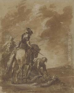 Two Figures On Horseback, With A Man Tending To A Woundedsoldier by Francesco Giuseppe Casanova