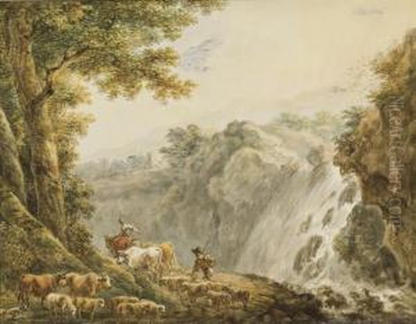 Un Berger Accompagne De Son 
Troupeau De Vaches Et De Moutons Devantun Torrent Dans Un Paysage 
Montagneux - view 1