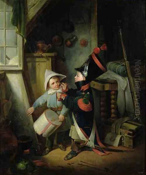 Two Boys Dressing Up as Soldiers - view 1