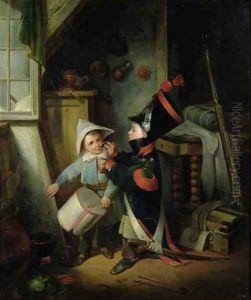 Two Boys Dressing Up as Soldiers by Claude Jacquand