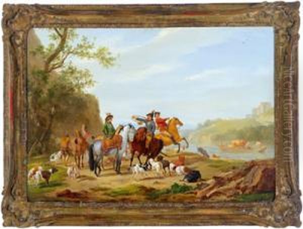 Cavalieri In Sosta Con Cani In Riva Al Fiume - view 1