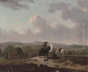 Soldiers On Horseback Resting By A Track With Caravans, A Landscape Beyond by Francesco Giuseppe Casanova