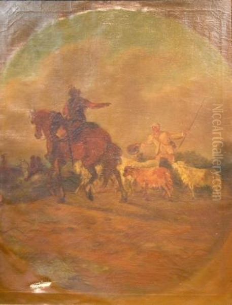 Soldier On Horseback With Farmhand And Goat In A Field - view 1