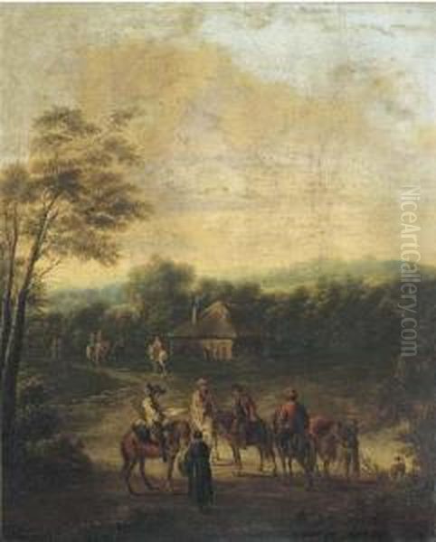 A Wooded Landscape With Horsemen At Halt By A Cottage - view 1