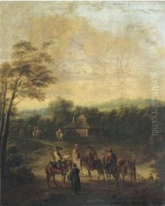 A Wooded Landscape With Horsemen At Halt By A Cottage by Francesco Giuseppe Casanova
