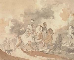 Dragoons On A Road With A Town In The Distance by Francesco Giuseppe Casanova