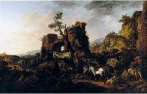 A Rocky Landscape With A Military Encampment, Wayfarers And Soldiers Resting by Francesco Giuseppe Casanova