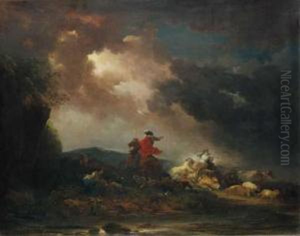 A Stormy Landscape With A
Horseman And A Woman Riding An Ox, By Ariver; A Stormy Landscape With A
Wagon And Horses Bolting Into Ariver - view 1