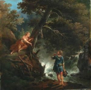 A Woodman And Nymph By A Waterfall by Francesco Giuseppe Casanova