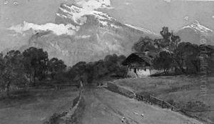Figures Before A Chalet In The Swiss Alps by Samuel Jackson