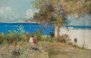 Vue De L'ile D'ischia Avec Au Premier Plan Les Enfants Del'artiste by Giuseppe Casciaro