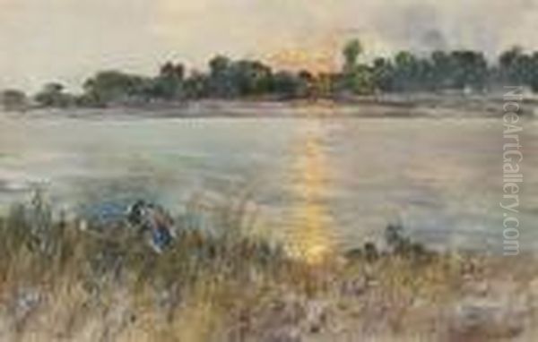 A Gathering On The Riverbank At Dusk - view 1