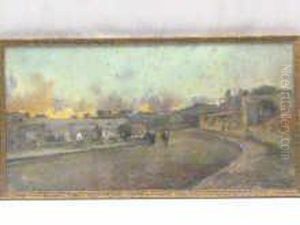Village Scene With Burning Hillside Beyond ( Some Foxing ) Village Scene With Burning Hillside Beyond ( Some Foxing )