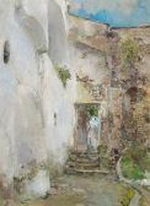 A View Of A Mediterranean Courtyard; Also A Landscape With A Woman Foraging (2) by Giuseppe Casciaro