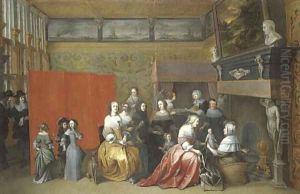 Ladies celebrating the birth of a child, with gentlemen looking on from behind a screen, in an interior by Hieronymus Janssens